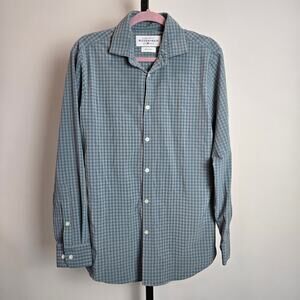 Mizzen & Main Leeward Trim Fit Long Sleeve Button Up Shirt Tan Blue Plaid Medium